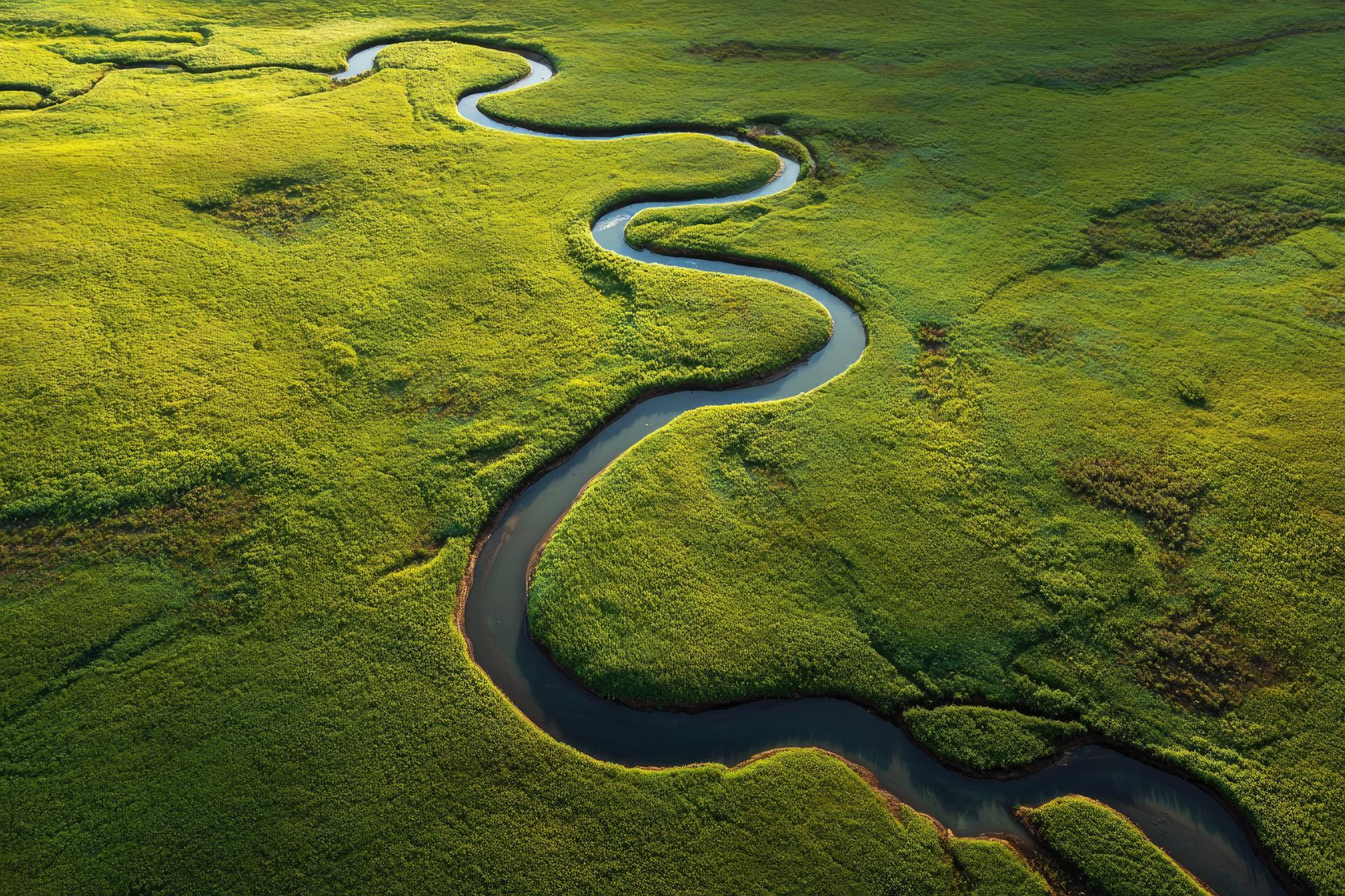 Río serpenteante sobre una pradera del sur de Chile