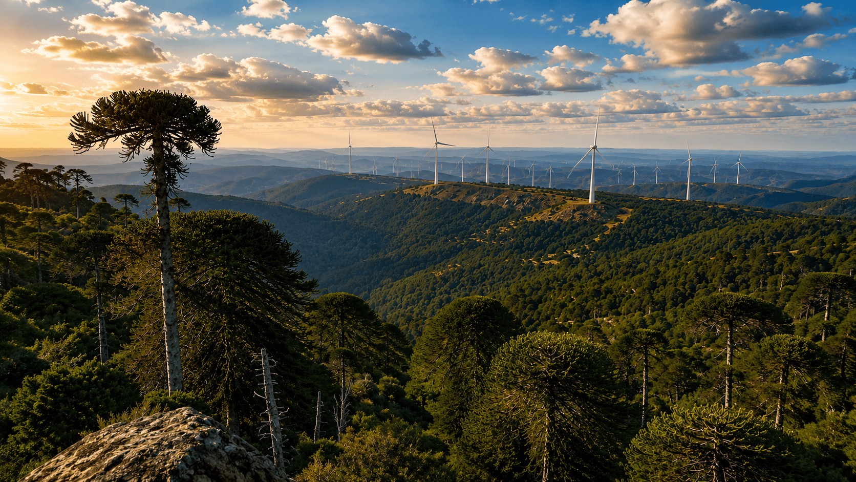 Aerogeneradores del Parque Eólico El Almendro sobre cerros boscosos al atardecer
